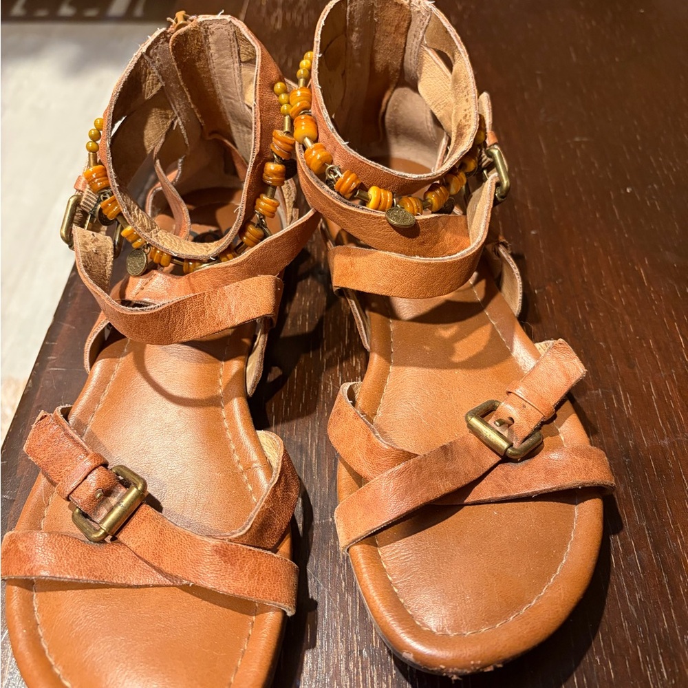 Sofft Brown Leather Beaded Ankle-Strap Sandals